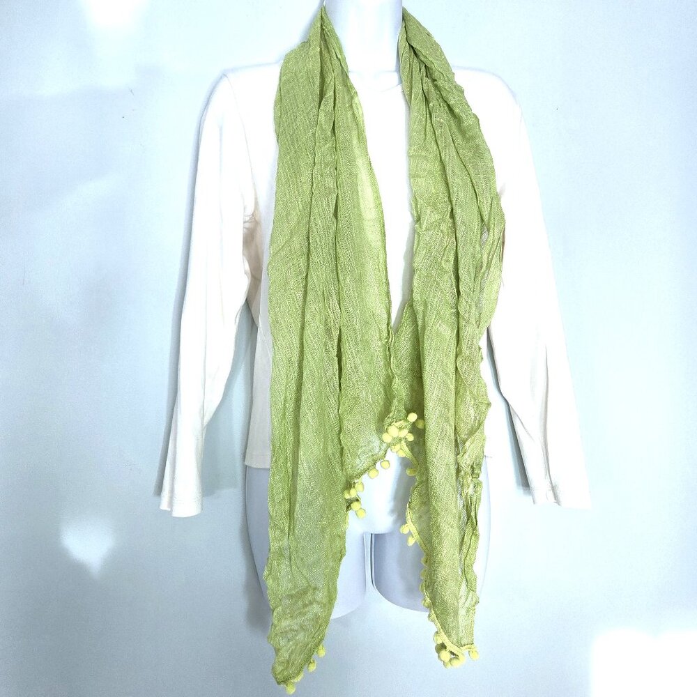 All Jazzed Up Green Gauze Scarf with Pom Pom Fringe Scarf